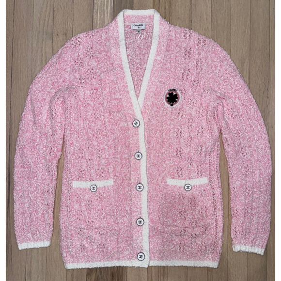 Chanel 24P Pink White Knit Boucle CC Logo Button Long Sleeve Cardigan Sweater 36 - Picture 2 of 16